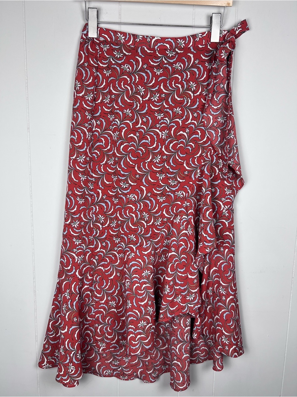 Boho Western Floral Faux Wrap Midi Skirt Red Size XS Frilly Ruffle Asymmetric